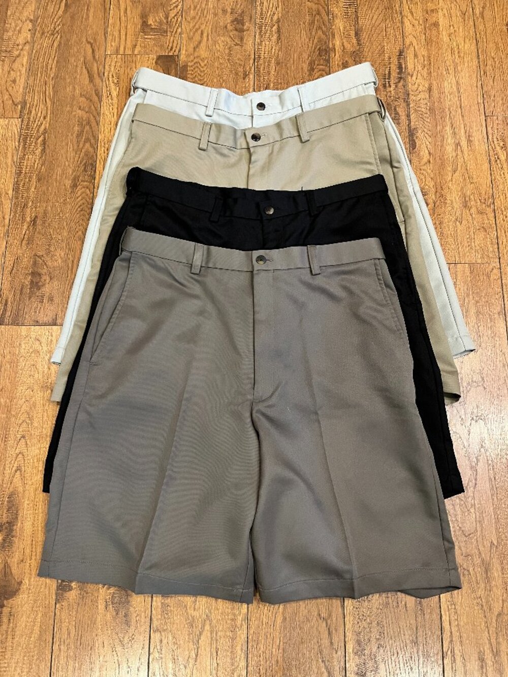 Haggar Men’s 34 Set of 4 flat Front Black, Beige, Tan & Taupe Elastic in waist